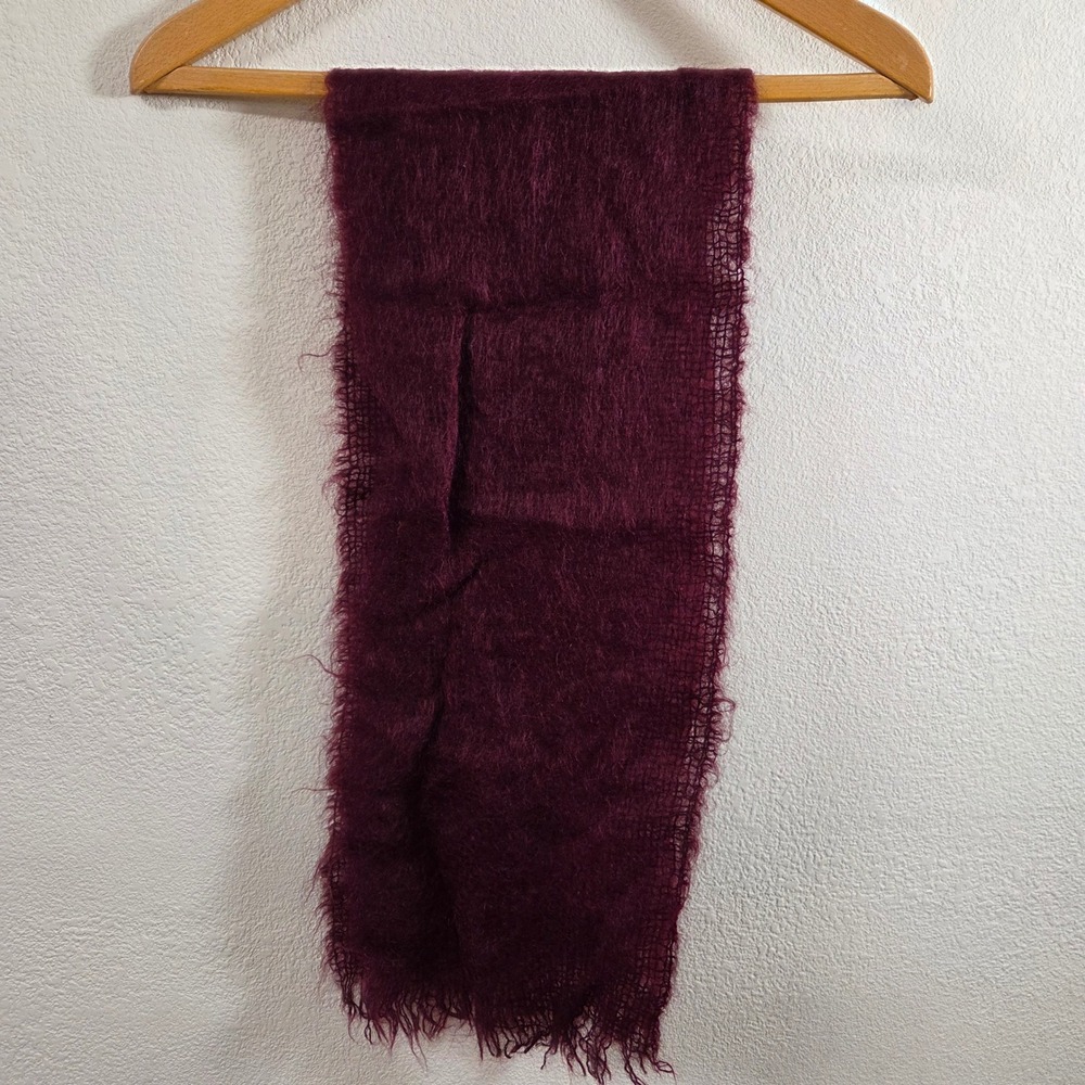 Burgundy Mohair Blend Fuzzy Open Knit Scarf Dark Red Shaggy Mesh 9x46